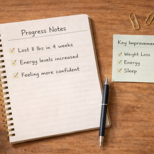 Fresh Start 30 Results – featured visual - Fresh Start 30: A Journey To Better Health Notebook open with progress notes and a pen on a wooden desk, representing tracking results and progress documentation.